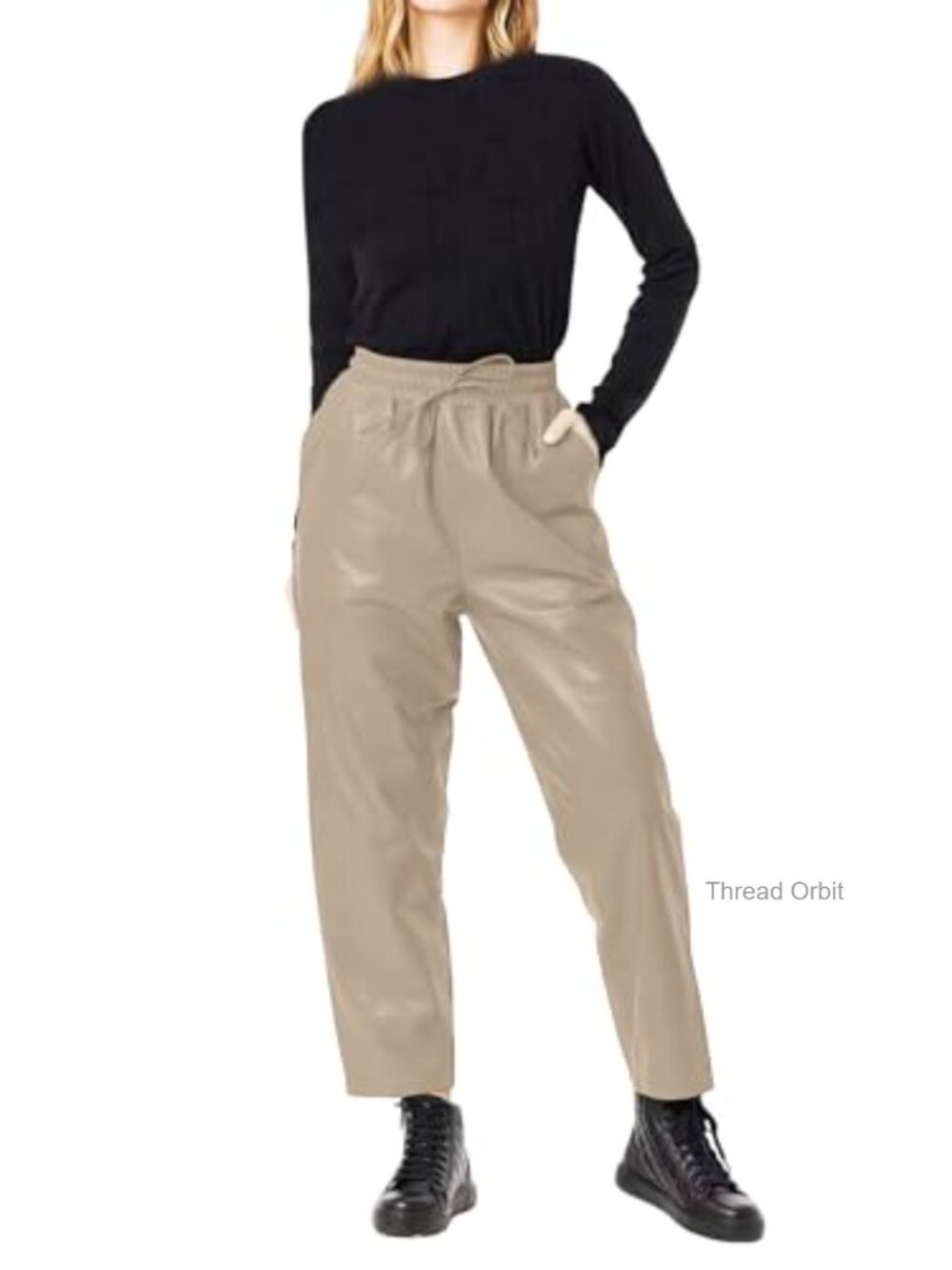 Real Lambskin Leather Pants Drawstring Elastic Waist Relaxed Fit Straight Leg